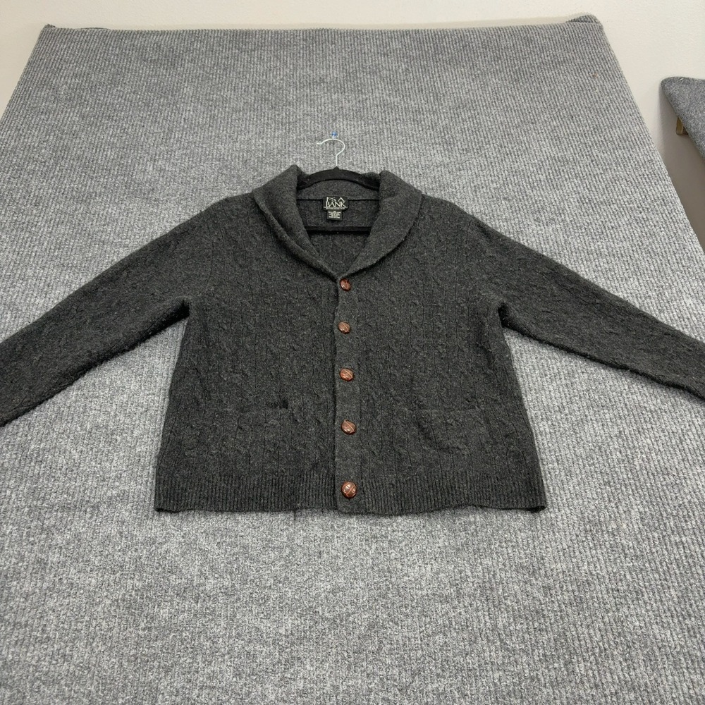 Jos A Bank Cardigan‎ Mens M Gray Lambswool Blend Shawl Collar Cable Knit Classic
